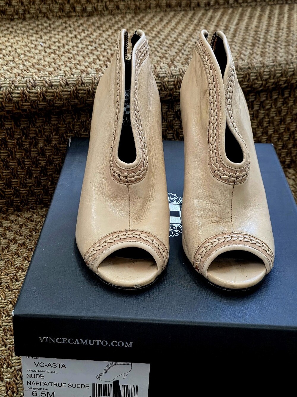 Vince Camuto Asta Nude Peep-Toe Braided Leather Ankle Boots